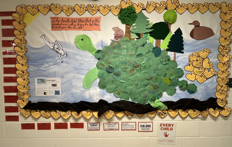 Photo of art display created by St. Angela students, which shows a land turtle, along with a person and a duck swimming in the sea around the turtle, along with explanatory text
