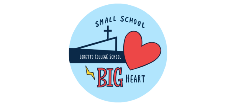 Logo for Loretto College School that shows a simplified outline of the school building with a cross on top of it and a read heart in front, with a text that reads: Loretto College School - Small School - Big Heart