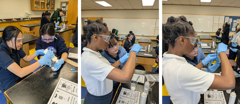Collage of three photos of Madonna students working together to make silly putty