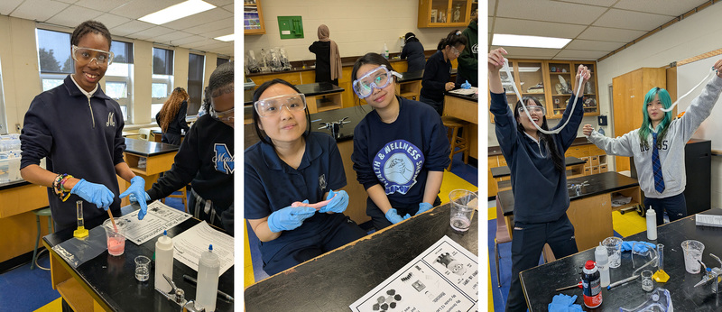 Collage of three photos of Madonna students working together to make silly putty
