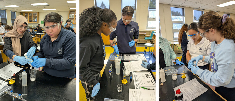 Collage of three photos of Madonna students working together to make silly putty