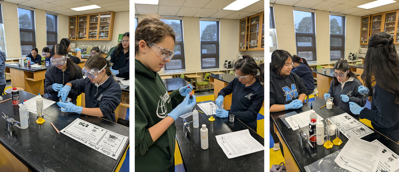 Collage of three photos of Madonna students working together to make silly putty