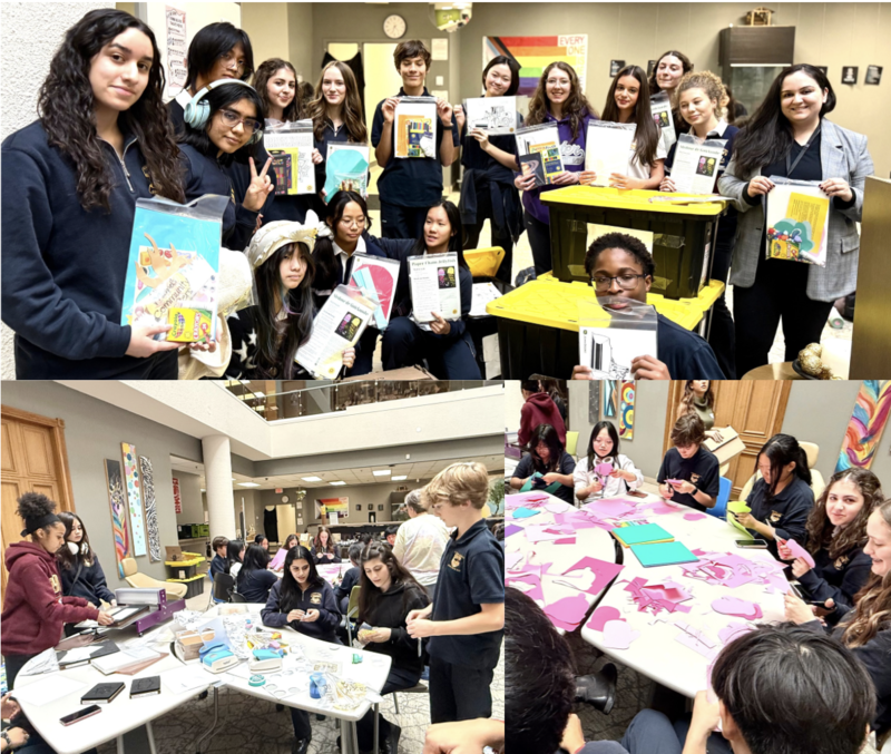3 images showing students assembling craft kits on November 3 in support of the non-profit charity, Crafting For A Cure.
