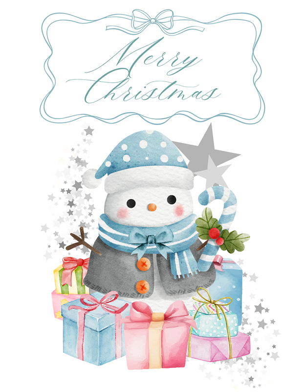 Christmas card designed by Francis Libermann student, showing a snowman surrounded by wrapped gifts