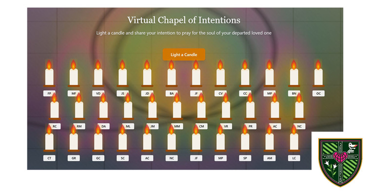 Screenshot of the virtual chapel with rows of candles and students' initials under each candle, with the St. Anne school crest at the bottom right of the graphic