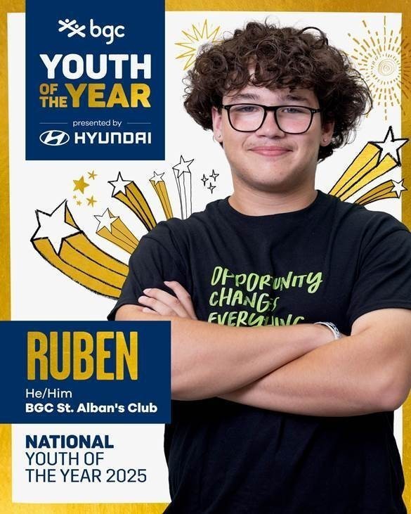 Graphic announcing Ruben as BGC's Youth of the Year - Photo of Ruben wearing a shirt that says Opportunity Changes Everything - BGC logo - Text says: "Youth of the Year" - presented by Hyundai - Ruben - He/Him - BGC St. Alban's Club