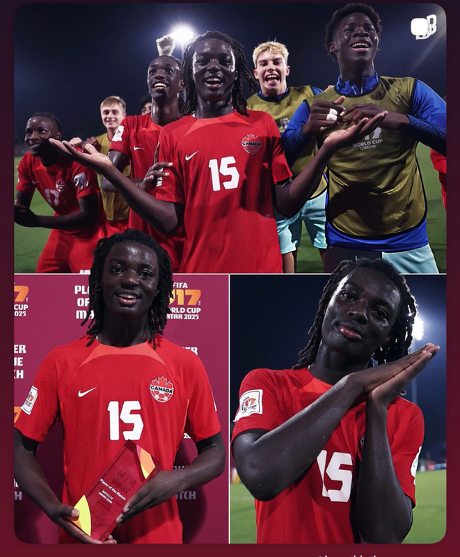 Collage of three photos of Elijah celebrating, one of the photos being a group photo with his fellow players