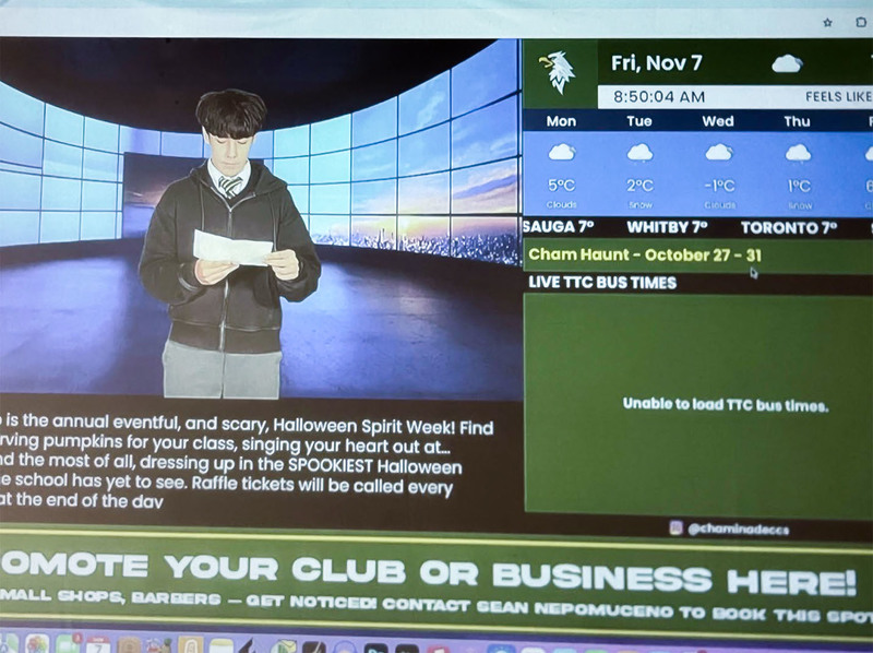 Screenshot of the broadcast showing news being reported as well as other features like weather and TTC bus times