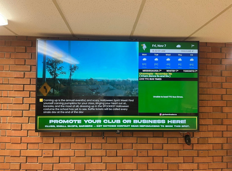 Screenshot of the broadcast showing news being reported as well as other features like weather and TTC bus times