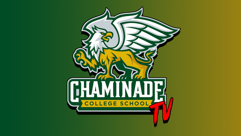 Logo of the broadcast showing the Chaminade griffin crest and school name against a yellow-green background