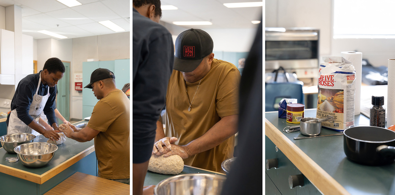 Collage of three photos of Chef Roger Mooking teaching Father Henry Carr students -prepare a balanced meal from scratch: saltfish buljol and roast bake