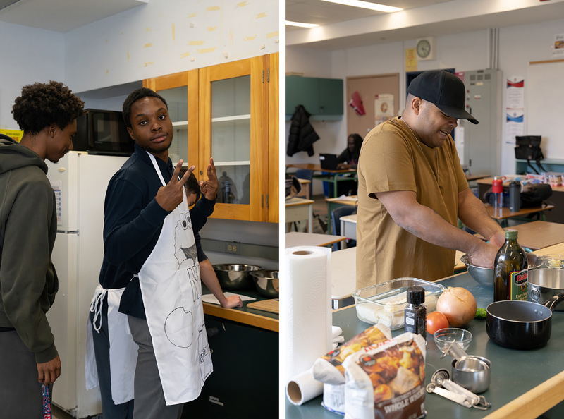 Collage of two photos of Chef Roger Mooking teaching Father Henry Carr students -prepare a balanced meal from scratch: saltfish buljol and roast bake