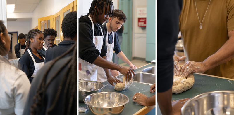 Collage of three photos of Chef Roger Mooking teaching Father Henry Carr students -prepare a balanced meal from scratch: saltfish buljol and roast bake
