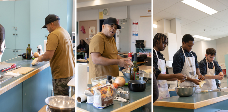 Collage of three photos of Chef Roger Mooking teaching Father Henry Carr students -prepare a balanced meal from scratch: saltfish buljol and roast bake