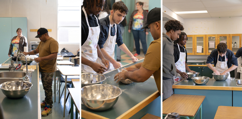 Collage of three photos of Chef Roger Mooking teaching Father Henry Carr students -prepare a balanced meal from scratch: saltfish buljol and roast bake