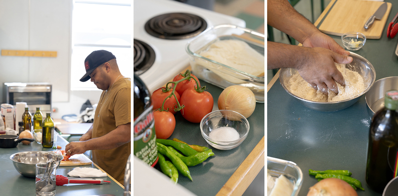 Collage of three photos of Chef Roger Mooking teaching Father Henry Carr students -prepare a balanced meal from scratch: saltfish buljol and roast bake