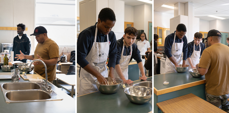 Collage of three photos of Chef Roger Mooking teaching Father Henry Carr students -prepare a balanced meal from scratch: saltfish buljol and roast bake