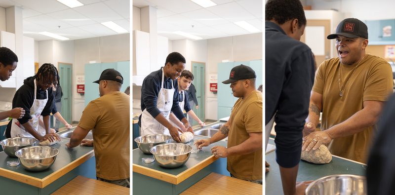 Collage of three photos of Chef Roger Mooking teaching Father Henry Carr students -prepare a balanced meal from scratch: saltfish buljol and roast bake