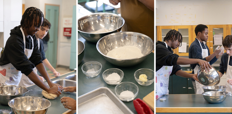 Collage of three photos of Chef Roger Mooking teaching Father Henry Carr students -prepare a balanced meal from scratch: saltfish buljol and roast bake