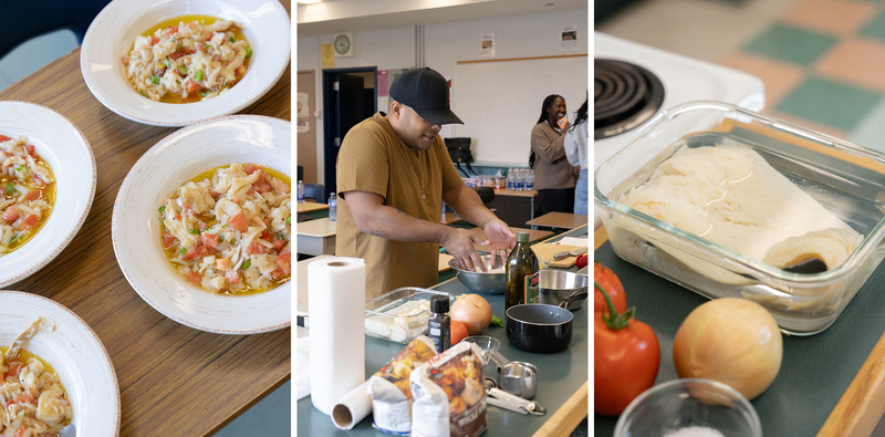 Collage of three photos of Chef Roger Mooking teaching Father Henry Carr students -prepare a balanced meal from scratch: saltfish buljol and roast bake