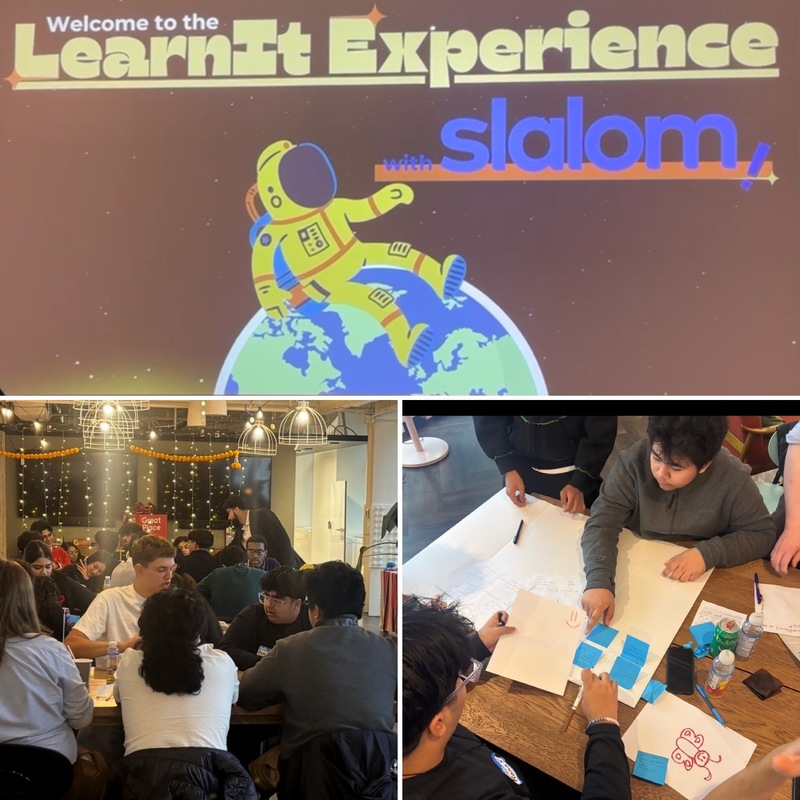 Collage of three photos, one photo of the presentation, and two photos of Brebeuf and Loretto Abbey students working together on the Design Thinking process challenge