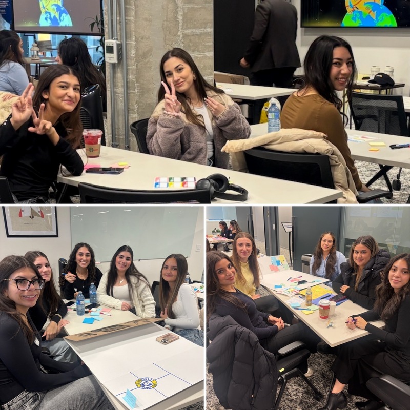 Collage of three photos of Loretto Abbey students working together on the Design Thinking process challenge