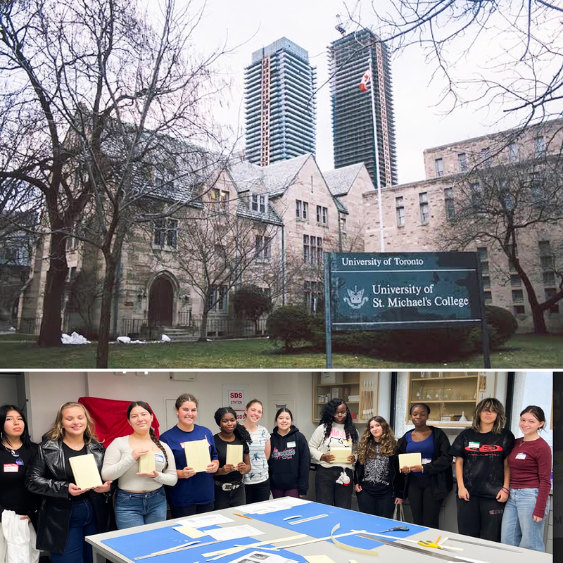 Collage of two photos, one of the USMC building and one of students holding up their book conservation projects