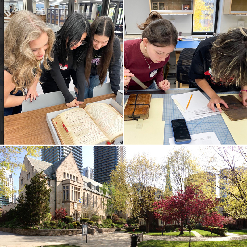 Collage of three photos, two of students learning book conservation techniques and one photo of the USMC building