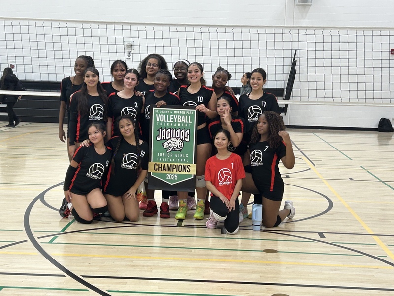 A volleyball team posing in a gym with a champions banner