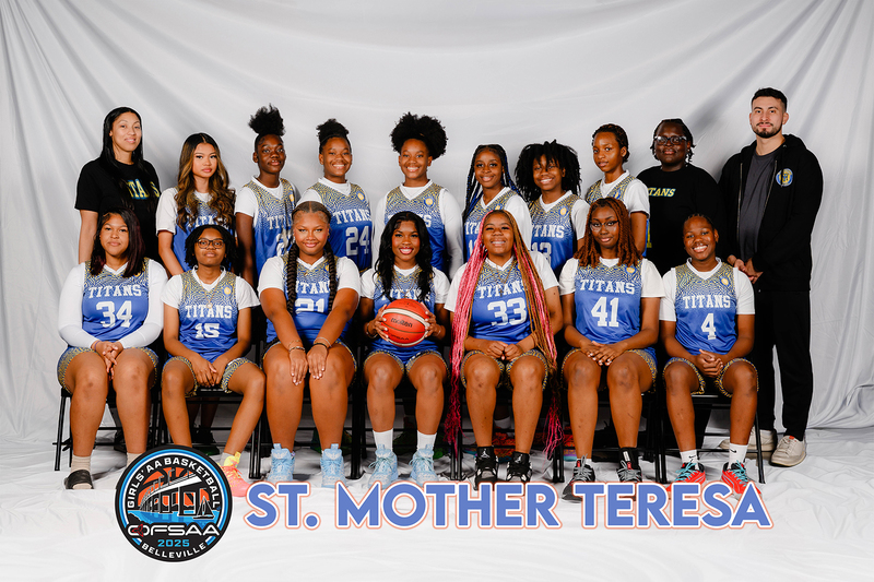 Graphic showing group photo of St. Mother Teresa basketball team with their coaches, with the OFSAA 2025 Girls Basketball crest and the words "St. Mother Teresa" near the bottom of the graphic