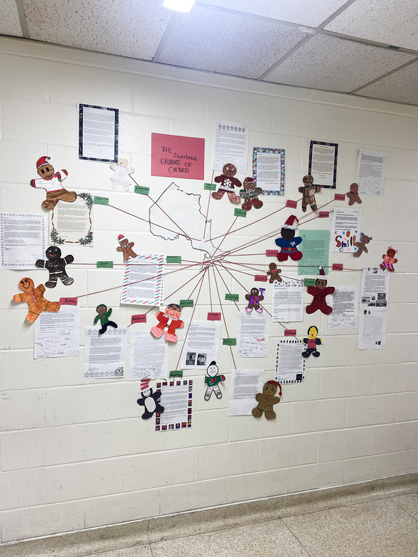 Photo of display on the wall showing all the areas of Ontario that students received gingerbread people from