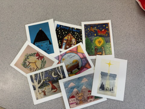 Photo of the Christmas cards designed by St. Benedict students