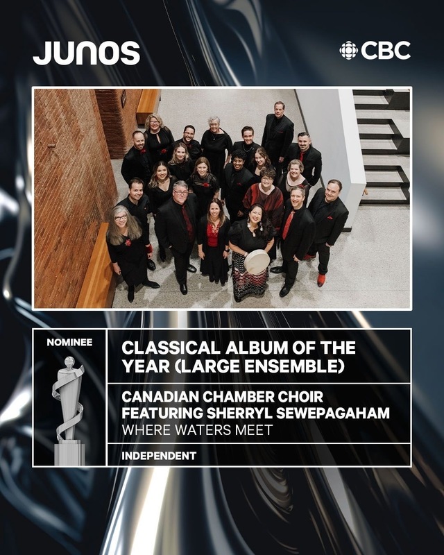 Graphic announcing the JUNO nomination, which shows a photo of Julia along with the rest of the Canadian Chamber Choir and Sherryl Sewepagaham