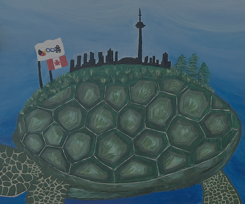 Photo of an artwork of Turtle Island with the silhouette of the Toronto skyline on top, as part of the Land Acknowledgement display created by St. Angela students