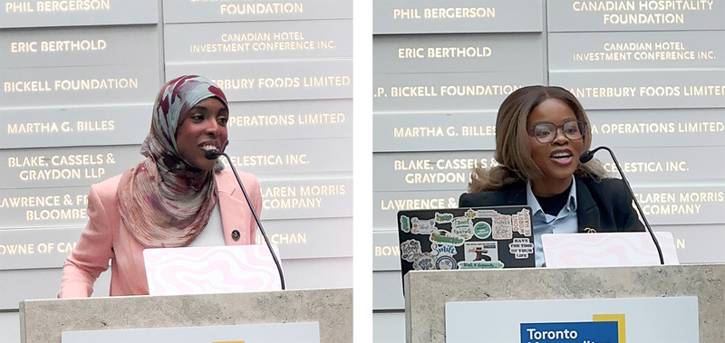 Collage of two photos of two law professionals speaking at the podium during the event