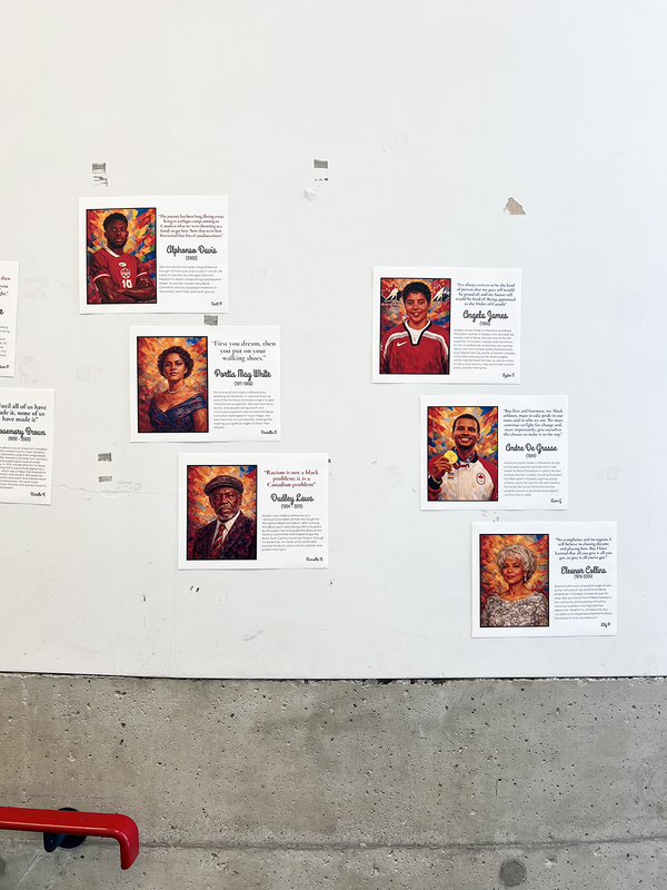 Photo of St. Anthony school halls decorated with posters showing the portraits of influential Black Canadians along with explanations of what they did