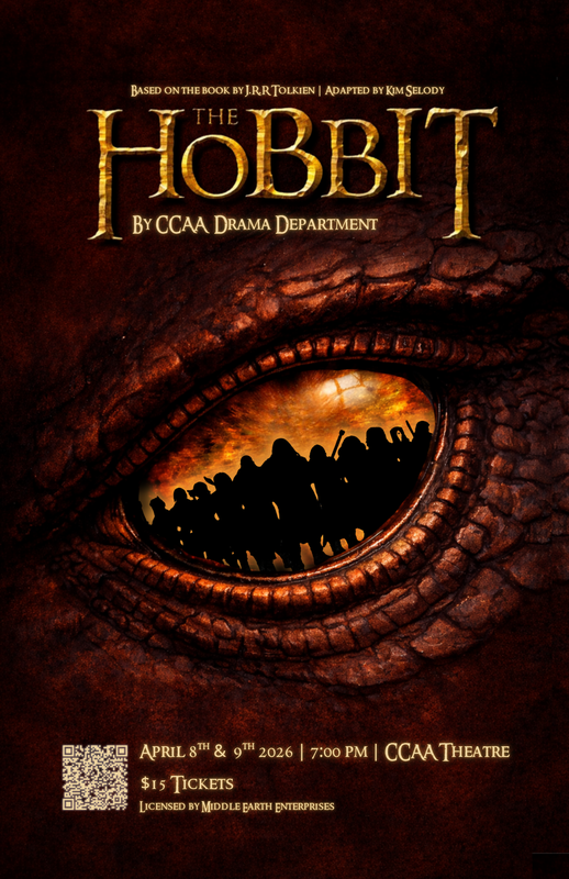 Poster advertising the production of The Hobbit by Cardinal Carder Drama Department showing a closeup of a dragon eye with the silhouette of the Dwarves showing in the eye