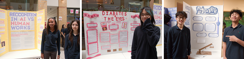 Collage of three photos of Marshall McLuhan students showing their project boards at the fair
