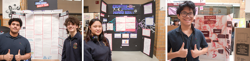 Collage of three photos of Marshall McLuhan students showing their project boards at the fair