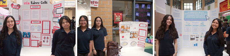 Collage of three photos of Marshall McLuhan students showing their project boards at the fair