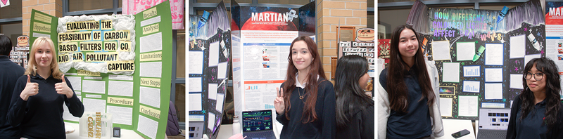Collage of three photos of Marshall McLuhan students showing their project boards at the fair