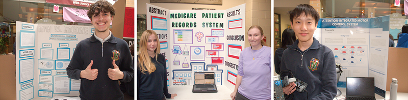 Collage of three photos of Marshall McLuhan students showing their project boards at the fair