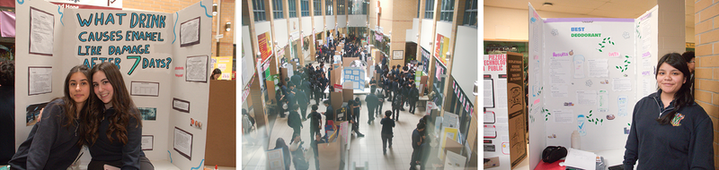 Collage of three photos of Marshall McLuhan students showing their project boards at the fair