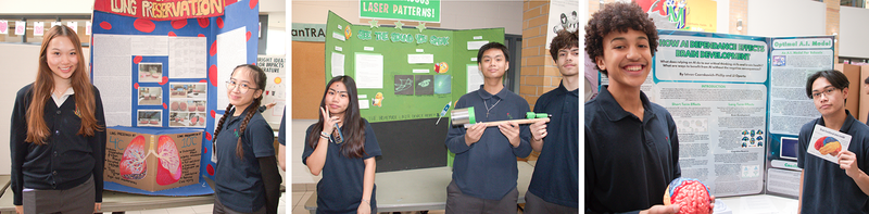 Collage of three photos of Marshall McLuhan students showing their project boards at the fair