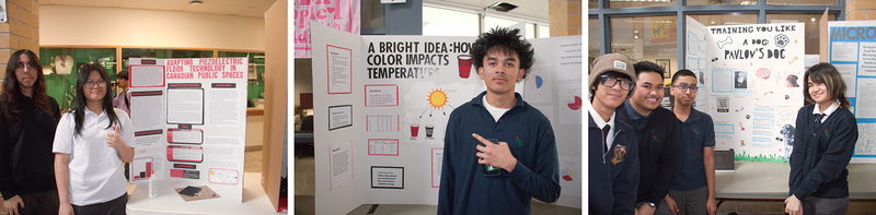 Collage of three photos of Marshall McLuhan students showing their project boards at the fair