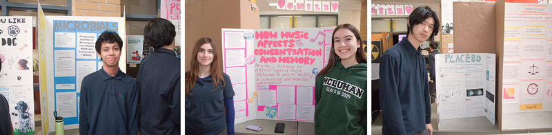 Collage of three photos of Marshall McLuhan students showing their project boards at the fair