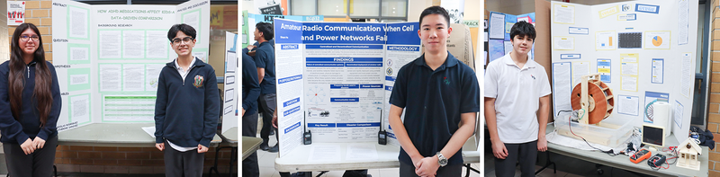 Collage of three photos of Marshall McLuhan students showing their project boards at the fair