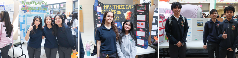 Collage of three photos of Marshall McLuhan students showing their project boards at the fair