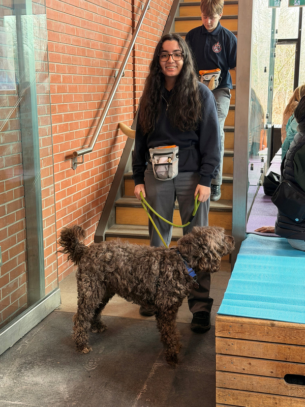 Photo of a Redmond student with the therapy dog they helped to train