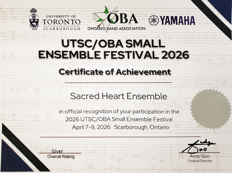 Photo of the certificate earned by the Sacred Heart band students at the festival